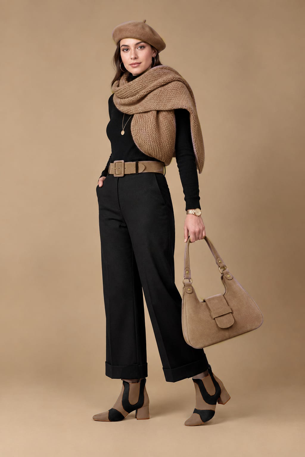 Women's nude, pitch black and camel two-tone chelsea boots with round toe and low flared heel - Top view